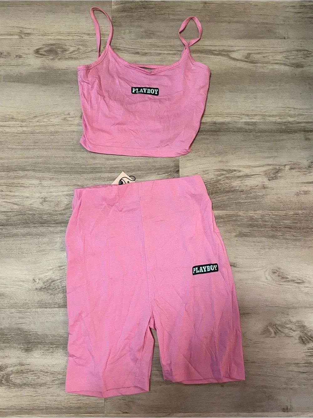 Missguided x PLAYBOY Pink Spaghetti-Strap Crop Top & High-Waist Bike Shorts set